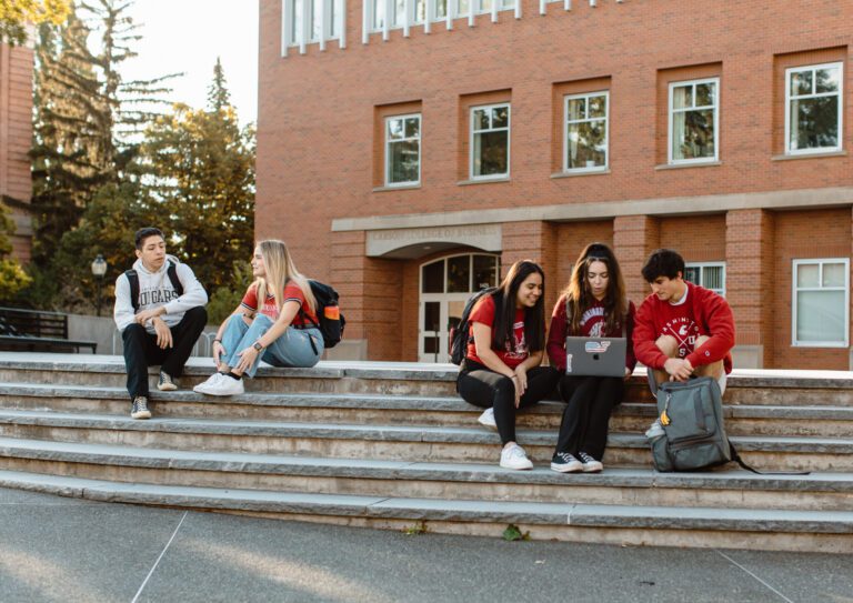 WSU students hanging out on campus steps