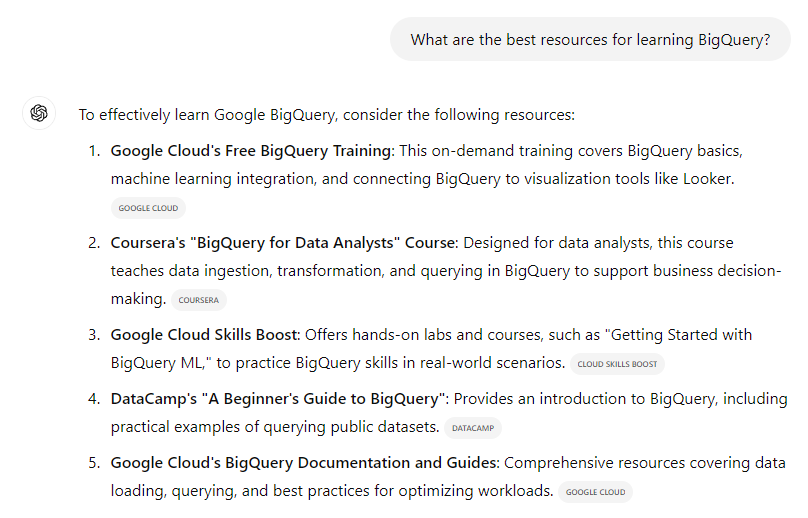 ChatGPT “What are the best resources for learning BigQuery”