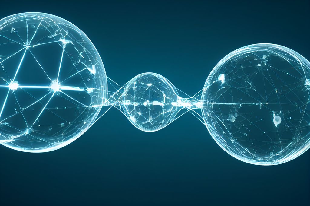 Three translucent glowing spheres linked by fine lines of light and nodes on a dark teal background, suggesting connected pieces of content