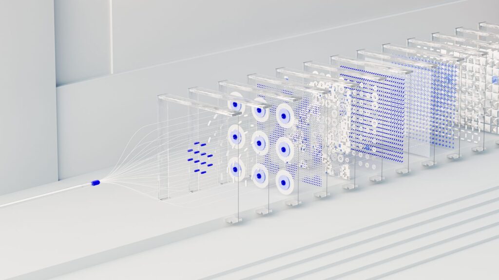 Abstract render of translucent panels in a row with dots flowing between them