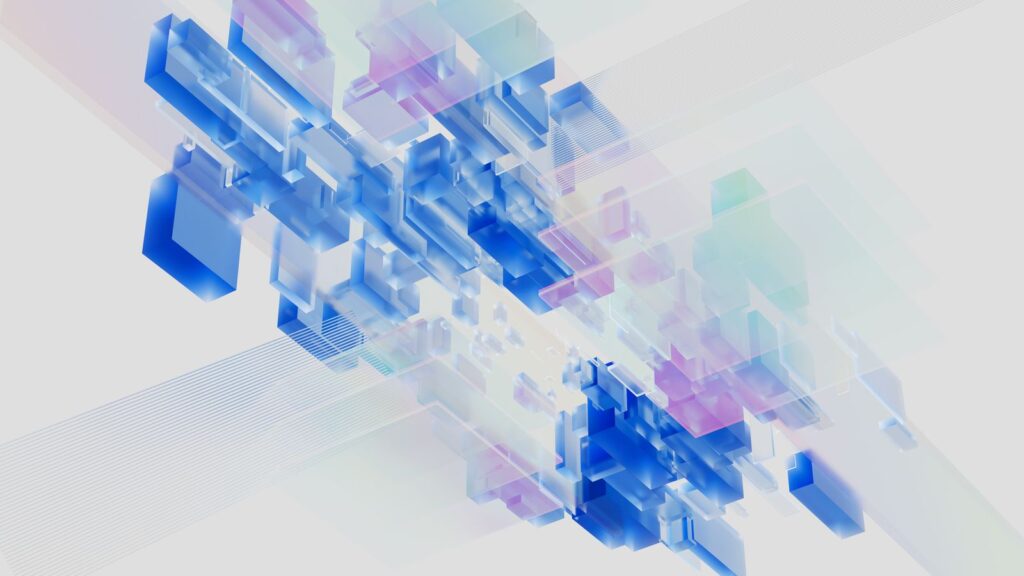 Abstract 3D render of translucent blue and purple glass cubes floating on a white background
