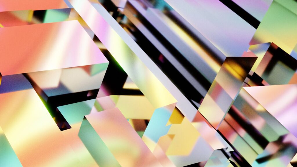 Abstract render of overlapping glass prisms in pastel pink, green and gold