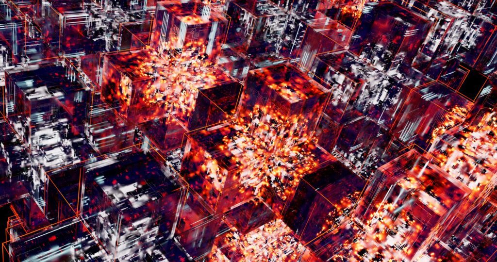 Abstract render of glowing red and white cubes linked in a dense network