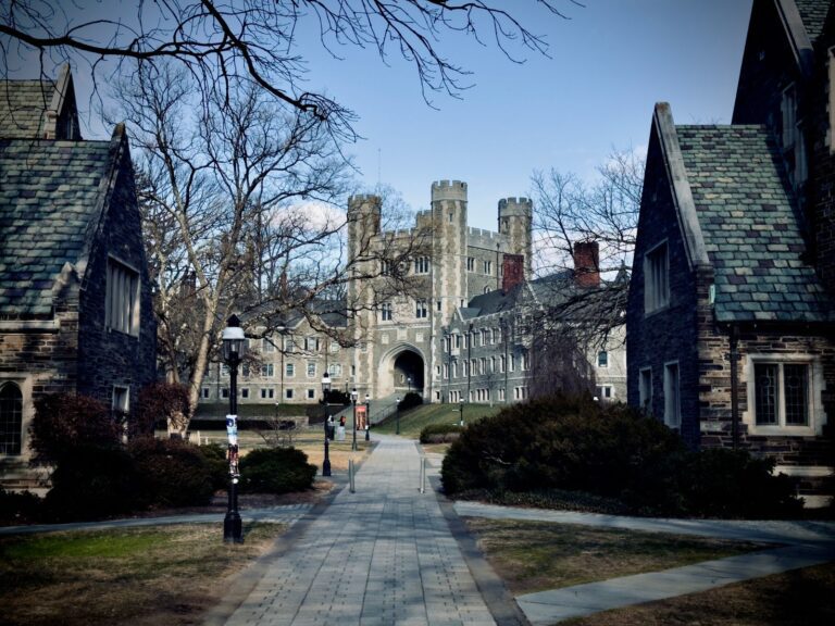 Stone Gothic university buildings and towers along a paved walkway under a blue sky