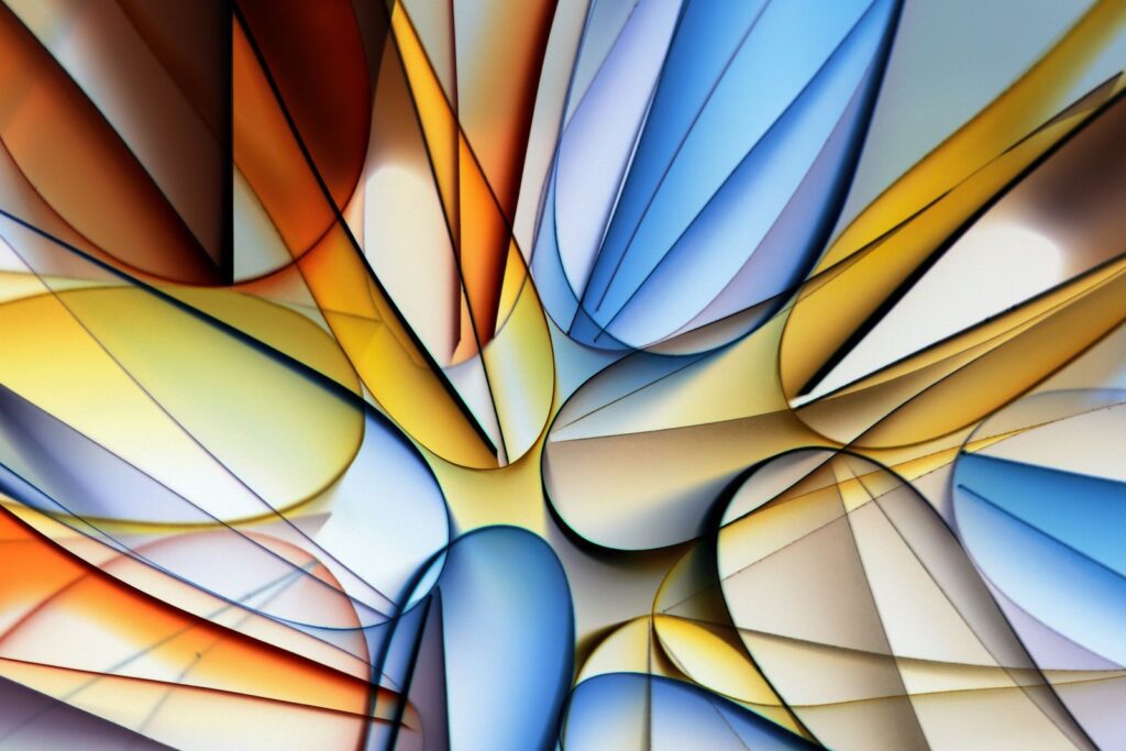 Abstract curved shapes in blue, orange and cream converging toward a center point