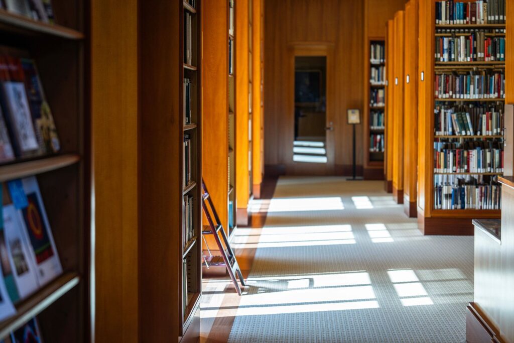 Sunlit library aisle lined with wooden bookshelves and a long carpeted walkway